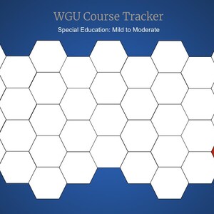 Puede incluir: Un fondo azul con un patrón de panal blanco. El patrón de panal está incompleto, con un solo hexágono rojo en la esquina inferior derecha. El texto "WGU Course Tracker" y "Special Education: Mild to Moderate" está en la parte superior de la imagen.