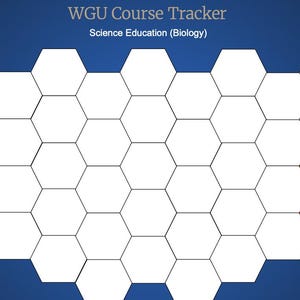 Könnte beinhalten: Ein Kurs-Tracker mit blauem Hintergrund und einem Muster aus weißen und roten Sechsecken. Der Text oben lautet "WGU Course Tracker" und "Science Education (Biology)".