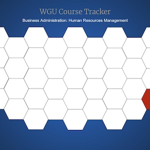 May include: A white honeycomb grid with a single red hexagon in the bottom right corner. The grid is on a blue background. The text "WGU Course Tracker" and "Business Administration: Human Resources Management" is at the top of the image.