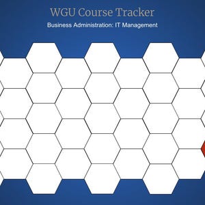 May include: A white honeycomb grid with a single red hexagon in the bottom right corner. The grid is on a blue background. The text "WGU Course Tracker" and "Business Administration: IT Management" is at the top of the image.