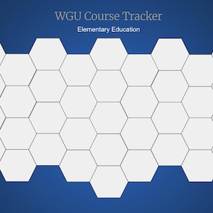 Pode incluir: Um fundo azul com uma grade de formas hexagonais brancas. O texto "WGU Course Tracker" e "Elementary Education" estão no topo. A grade é projetada para rastrear cursos.