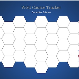 Op de afbeelding: Een wit honingraatraster met een rode zeshoek in de rechterbenedenhoek. Het raster is gelabeld met "WGU Course Tracker" en "Computer Science".