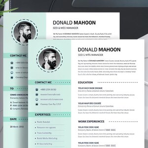 Może przedstawiać: Profesjonalny szablon CV w jasnym odcieniu niebiesko-zielonym i białym. CV zawiera zdjęcie profilowe, dane kontaktowe oraz sekcje dotyczące doświadczenia i umiejętności. Nazwisko "DONALD MAHOON" jest wyraźnie widoczne.