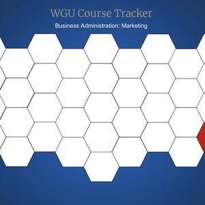 Pode incluir: Um fundo azul com o texto "WGU Course Tracker" e "Business Administration: Marketing". Uma grade de 36 hexágonos brancos com um hexágono vermelho no canto inferior direito.