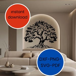 May include: A black silhouette of a large tree with roots and branches, on a white wall in a living room setting. The text "DXF-PNG-SVG-PDF" is on a blue circle in the lower right corner of the image. The text "instant download" is on a red circle in the upper left corner of the image.