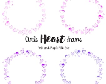 Watercolor Hearts Circle Border PNG files - COMMERCIAL USE, Pink and Purple Heart Frames