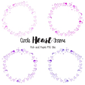 Fichiers PNG Watercolor Hearts Circle Border - USAGE COMMERCIAL, Pink and Purple Heart Frames