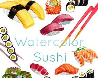 Watercolor Sushi Clipart, Japanese Food Art (Digital Download)