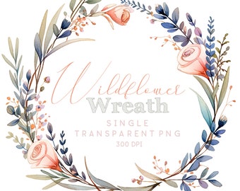 Single Watercolor Clipart Wreath, Pink Rose, Blue Lupine and Olive Leaf Wreath, Single Image, Commercial Use Clipart, Instant download