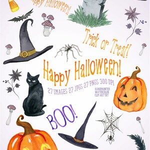 May include: A set of 27 hand-painted watercolor Halloween clip art images. The images include pumpkins, bats, owls, witches hats, spiders, black cats, a tombstone, and the text "Happy Halloween!" and "Trick or Treat!"