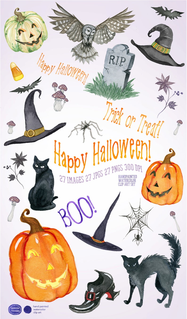 May include: A set of 27 hand-painted watercolor Halloween clip art images. The images include pumpkins, bats, owls, witches hats, spiders, black cats, a tombstone, and the text "Happy Halloween!" and "Trick or Treat!"