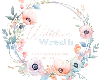 Single Watercolor Clipart Wreath, Peach and Baby Blue Wildflowers, Single Image, Commercial Use Clipart, Instant download