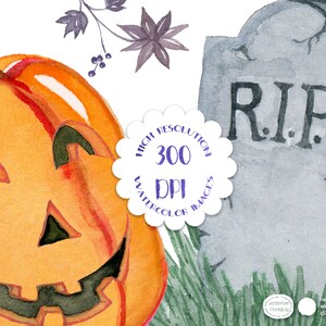 May include: Watercolor illustration of a jack-o'-lantern with a toothy grin and a gray tombstone with the inscription "RIP".