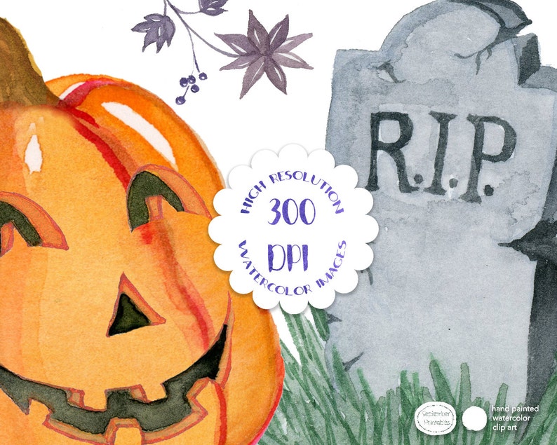 May include: Watercolor illustration of a jack-o'-lantern with a toothy grin and a gray tombstone with the inscription "RIP".