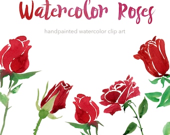 May include: Watercolor Roses, handpainted watercolor clip art featuring five red roses with green stems and leaves.