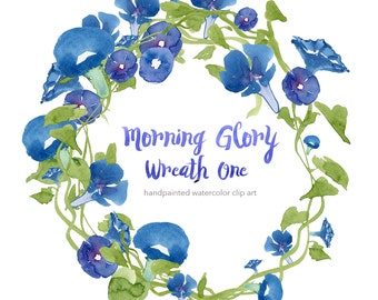 Morning Glory Wreath 1: Flowers, Floral Clip Art, Watercolor Flower Clip Art, Handpainted Wreath, Floral Elements, Instant Download, Digital