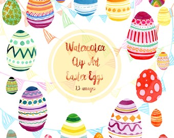 May include: Watercolor clip art of 13 Easter eggs in various colors and patterns, including polka dots, stripes, and geometric designs. The eggs are arranged in a circle with a banner that reads "Watercolor Clip Art Easter Eggs 13 images".