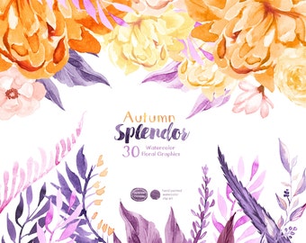 Autumn Splendor: Yellow and Purple Floral ClipArt, Watercolor Flower ClipArt, Handpainted Graphics, Floral Elements