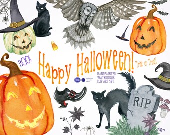 Watercolor Halloween Clipart Set, Pumpkin, Witch, Cat (Digital Download)