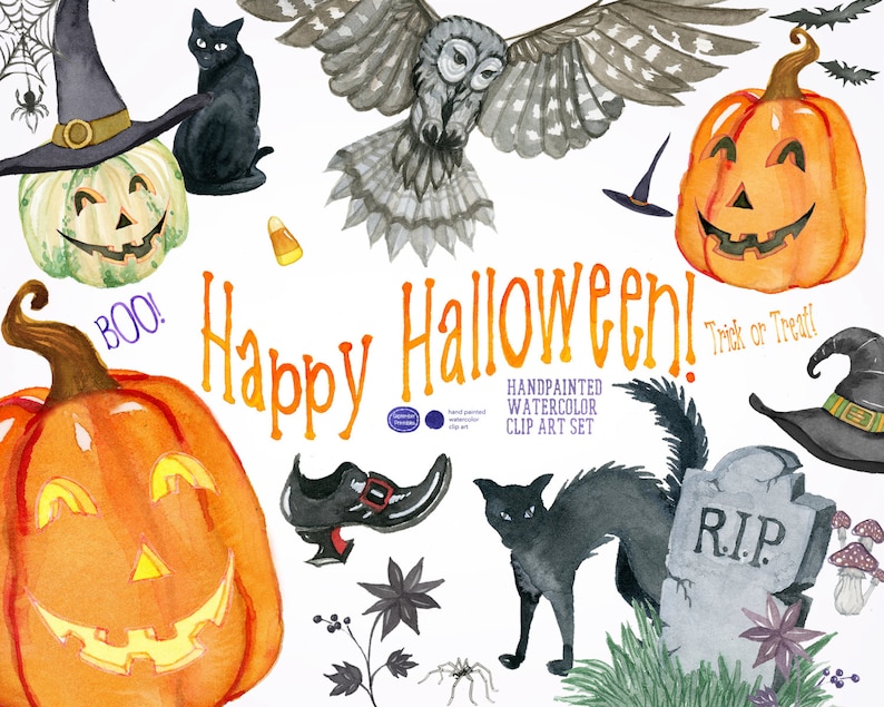 May include: A set of hand-painted watercolor Halloween clip art featuring pumpkins, a black cat, an owl, a witch's hat, a tombstone, and the text "Happy Halloween!" and "Trick or Treat!"