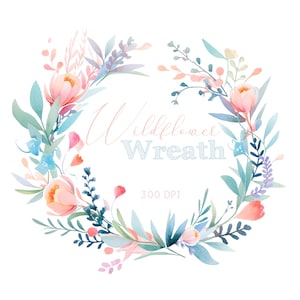 Single Watercolor Clipart Wreath, Soft Pastel Wildflower Wreath, Single Image, Commercial Use Clipart, Instant download