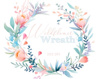 Single Watercolor Clipart Wreath, Soft Pastel Wildflower Wreath, Single Image, Commercial Use Clipart, Instant download