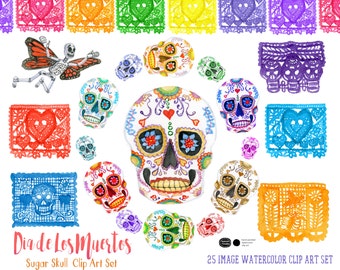 Sugar Skull Clipart, Watercolor Dia De Los Muertos Art (Digital Download)