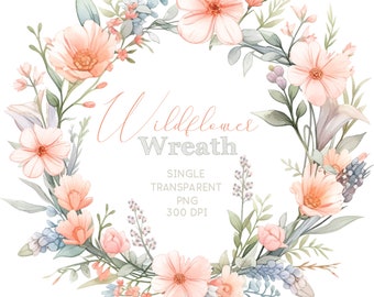 Single Watercolor Clipart Wreath, Peach, Slate Blue and Lavender Wildflowers, Single Image, Commercial Use Clipart, Instant download