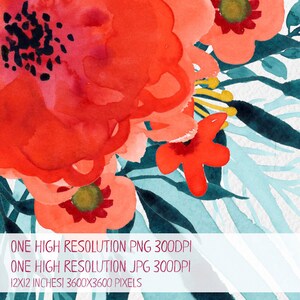 Puede incluir: Pintura de acuarela de flores rojas con hojas azul verdoso y azul. Las flores están en un estilo de ramo suelto. El fondo es una lavada de acuarela azul claro. El texto "ONE HIGH RESOLUTION PNG 300DPI ONE HIGH RESOLUTION JPG 300DPI 12X12 INCHES 3600X3600 PIXELS" está en la parte inferior de la imagen.