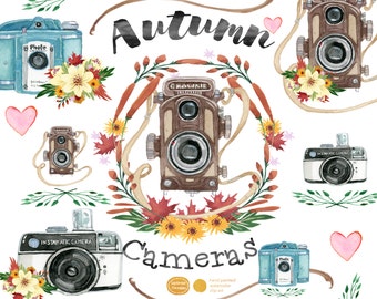 Vintage Camera Clipart, Autumn Floral PNGs (Digital Download)