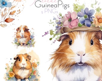 Watercolor Guinea Pig Clipart | Guinea Pigs and Flowers | Cute Guinea Pigs PNGs