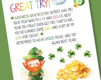 Leprechaun Trap Letter for Kids Printable, Leprechaun Note, INSTANT DOWNLOAD, Printable Preschool St Patricks Day Kids Activity