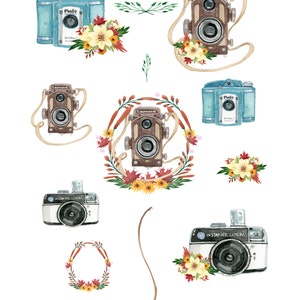 May include: A digital download of 13 watercolor illustrations of vintage cameras with floral wreaths. The cameras are in various colors, including blue, brown, and black. The wreaths are in shades of red, orange, and yellow.