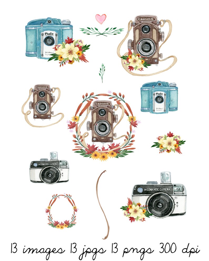 May include: A digital download of 13 watercolor illustrations of vintage cameras with floral wreaths. The cameras are in various colors, including blue, brown, and black. The wreaths are in shades of red, orange, and yellow.