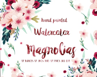 Pink Magnolia Watercolor Clipart: Handpainted Floral Graphics (Instant Download)