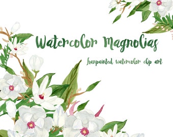 Magnolie: Kwiaty, Grafika kwiatowa, Grafika akwarelowa z kwiatami, Grafika malowana ręcznie, Elementy kwiatowe, Natychmiastowe pobieranie, Cyfrowe