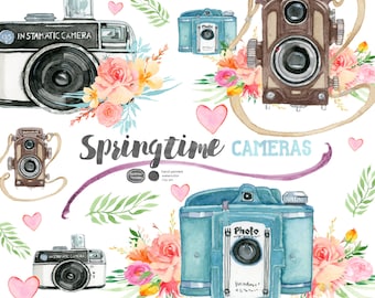 Grafika wektorowa z aparatem fotograficznym w stylu vintage, akwarela z wiosennymi kwiatami (pobranie cyfrowe)
