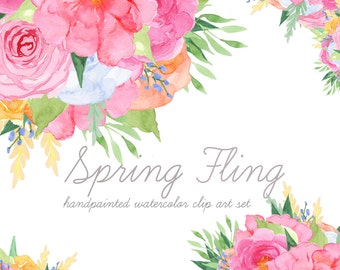 Watercolor Flower Clip Art: Spring Floral Elements (Digital Download)
