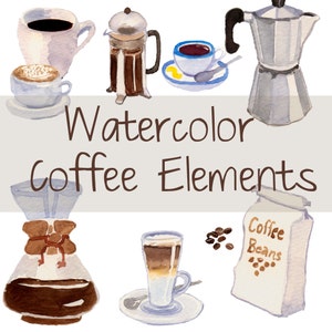 Watercolor  Coffee Set, Coffee Clip Art, Espresso clipart, Third Wave Coffee, Breakfast Clip Art, Cappuccino Illustration, Latte Art