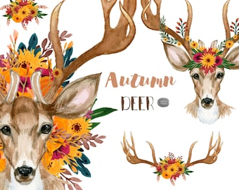 Watercolor Autumn Deer Clip Art, Floral Antlers (Digital Download)