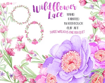Watercolor Pink Peony and Wildflower Wreath: PNG JPG Clipart