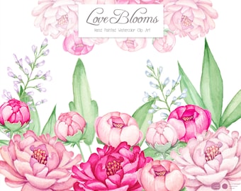 Love Blooms : Pink Peonies, Watercolor Peonies, Wedding Clip Art, Watercolor Flower Clip Art, Handpainted Flowers, Floral Elements