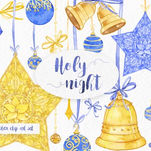 Christmas Clipart: Holy Night, Watercolor Christmas Clipart, Christmas Ornaments Clipart, Holiday, Xmas, Christmas Decorations
