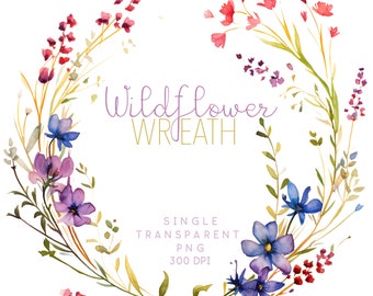 Single Watercolor Clipart Wreath, Red,Blue and Lavender Wildflowers, Single Image, Commercial Use Clipart, Instant download