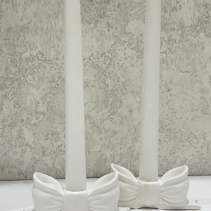 Bow Candle Holder Set with Candles – 4 Piece Plaster Gypsum Home Decor, Elegant Gift