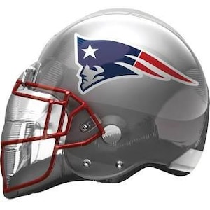 May include: A silver and red foil balloon shaped like a football helmet with the New England Patriots logo.