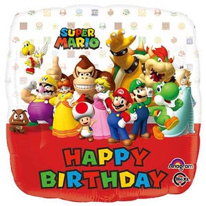 Peut inclure: Ballon d'anniversaire carré Super Mario avec des personnages du jeu vidéo. La base rouge porte l'inscription "Happy Birthday" en couleurs vives. Le haut est blanc avec de petites icônes.