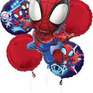 May include: A cluster of Spider-Man themed balloons. The central balloon is a 3D figure of Spider-Man in his classic red and blue suit. Two red round balloons and two blue round balloons with Spider-Man graphics complete the arrangement.