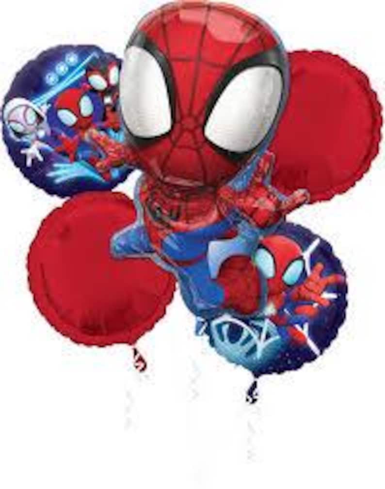 May include: A cluster of Spider-Man themed balloons. The central balloon is a 3D figure of Spider-Man in his classic red and blue suit. Two red round balloons and two blue round balloons with Spider-Man graphics complete the arrangement.