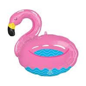 Puede incluir: Globo inflable de flamenco rosa con olas azules de agua alrededor de la parte inferior. El flamenco tiene un pico amarillo y ojos negros.